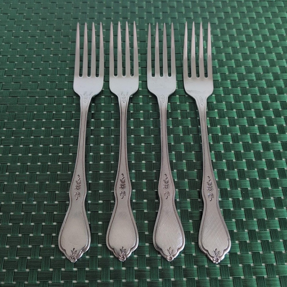 Oneida MORNING BLOSSOM Dinner Forks Set Lot of 4 Stainless Burnished Floral USA